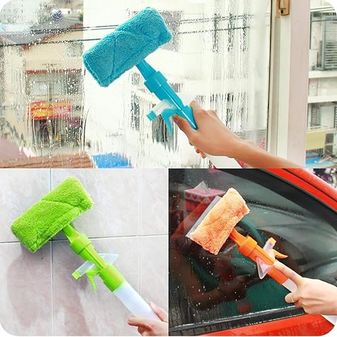 3 in 1 Fiber Wiper Sprayer Wash, Wipe and Soak | Window Squeegee Kit, Cleaning Tool with Detachable Microfiber Cloth Rubber Scraper & Sprayer