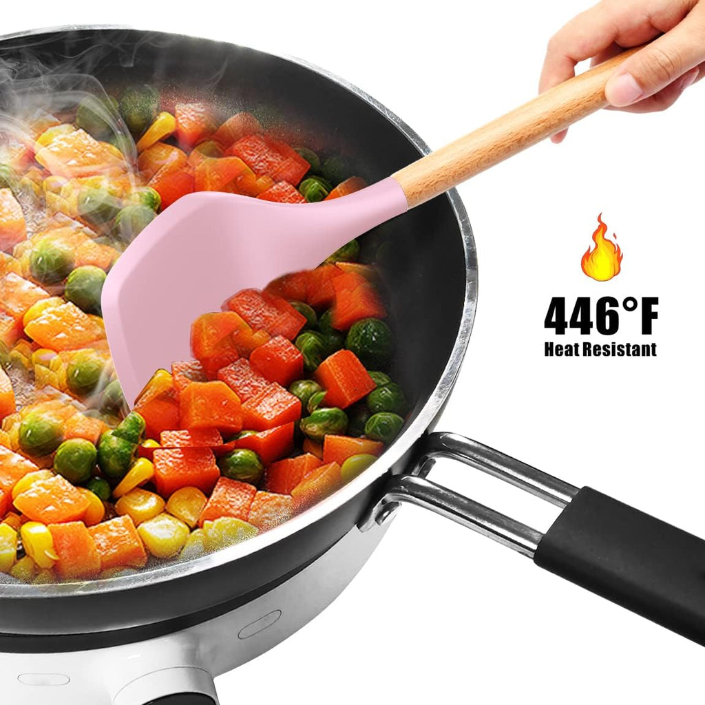 12 Pcs Silicone Cooking Utensils Kitchen Utensil Set | Heat Resistant Kitchen Non toxic Spatula Set with Turner Tongs,Spoon,Brush,Whisk-Wooden Handle - Random Color