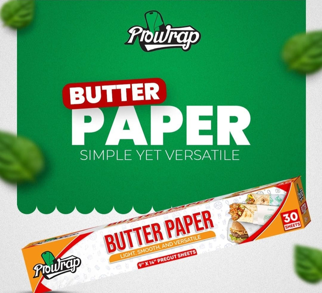 Prowrap Butter Paper – 9" x 14" Precut Sheets (30 Pcs) | High-Quality Waterproof & Grease-Resistant Food Wrap