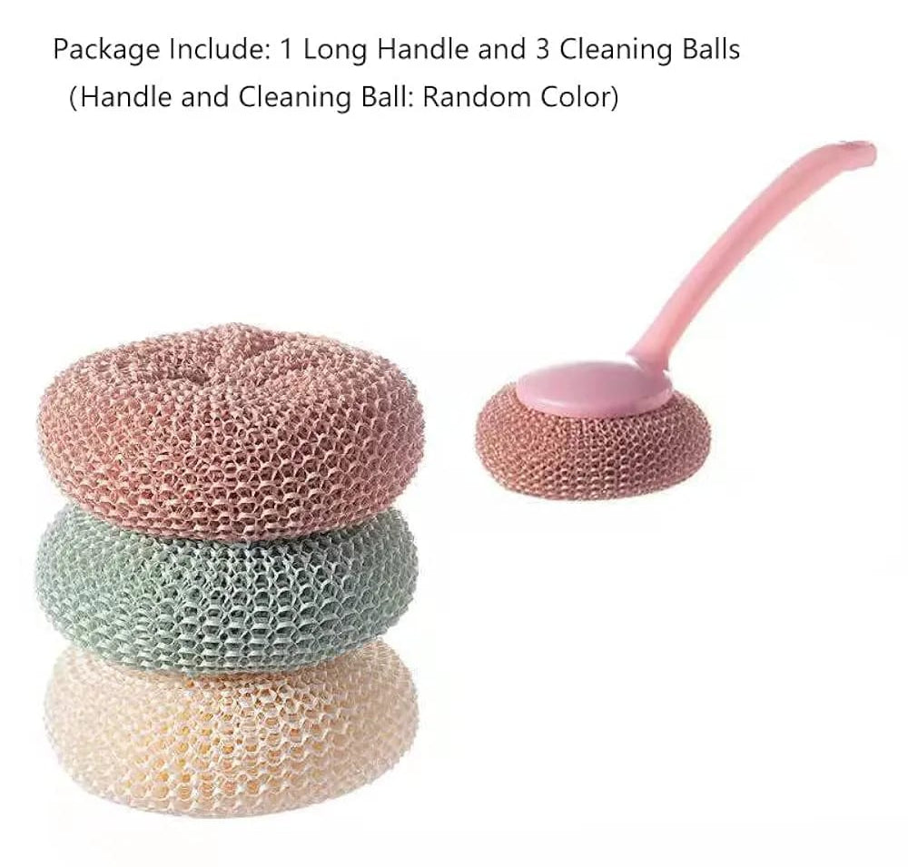 Multipurpose Fiber Cleaning Balls with Long Handle – Reusable Scrubbers for Kitchen & Household Cleaning (1 Handle & 3 Balls)(Random color)