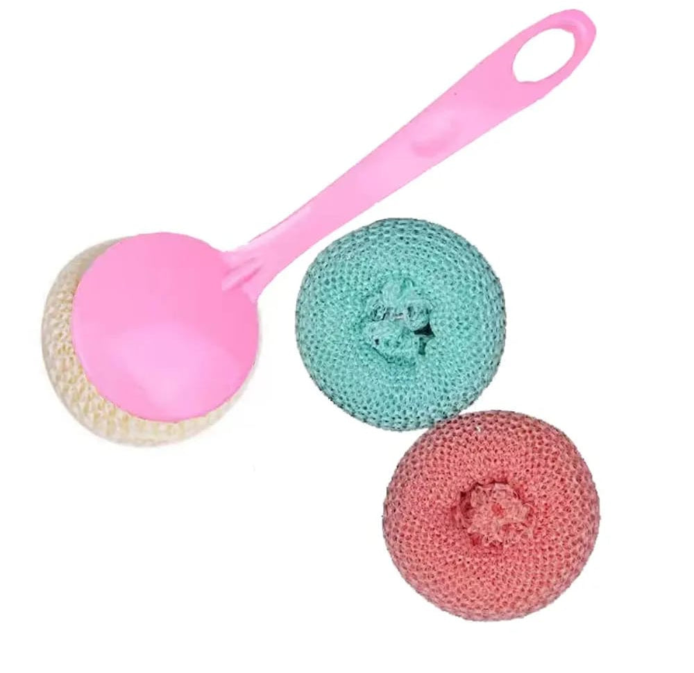 Multipurpose Fiber Cleaning Balls with Long Handle – Reusable Scrubbers for Kitchen & Household Cleaning (1 Handle & 3 Balls)(Random color)
