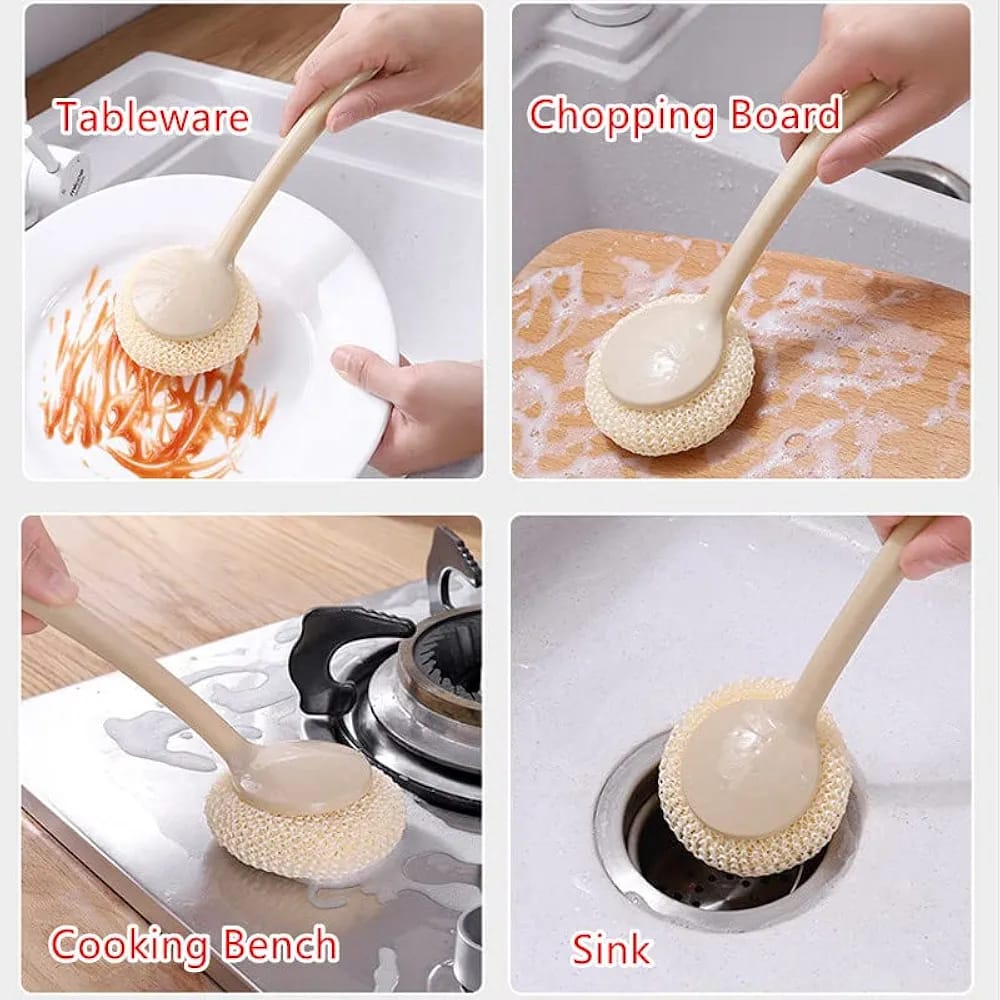 Multipurpose Fiber Cleaning Balls with Long Handle – Reusable Scrubbers for Kitchen & Household Cleaning (1 Handle & 3 Balls)(Random color)