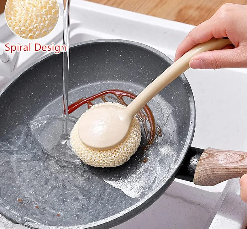 Multipurpose Fiber Cleaning Balls with Long Handle – Reusable Scrubbers for Kitchen & Household Cleaning (1 Handle & 3 Balls)(Random color)