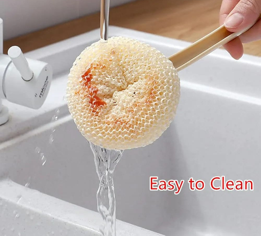 Multipurpose Fiber Cleaning Balls with Long Handle – Reusable Scrubbers for Kitchen & Household Cleaning (1 Handle & 3 Balls)(Random color)