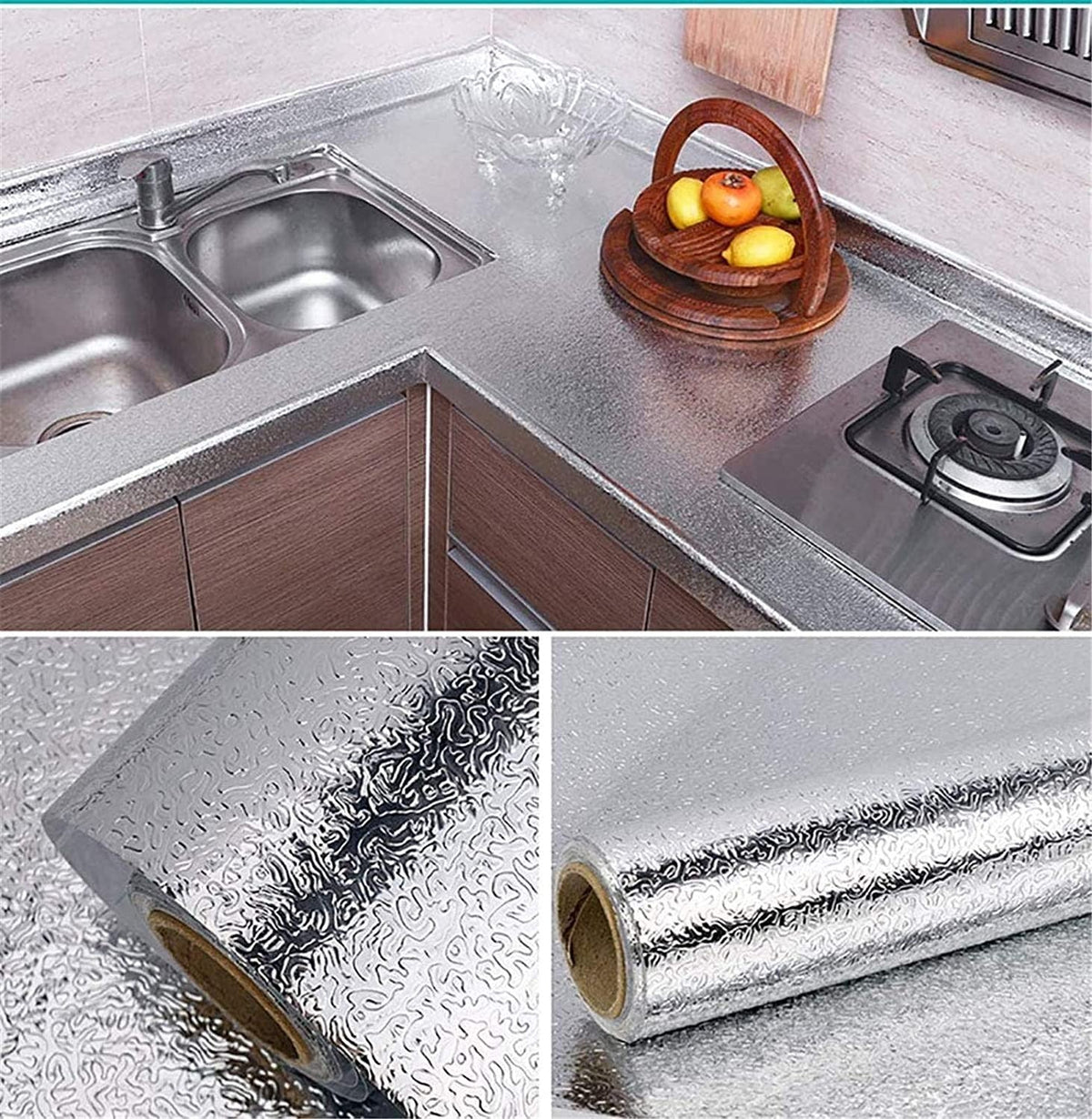 Aluminum Foil Self-Adhesive Sheet for Stove, Cabinets & Walls – Heat Resistant Wallpaper (60×200cm)