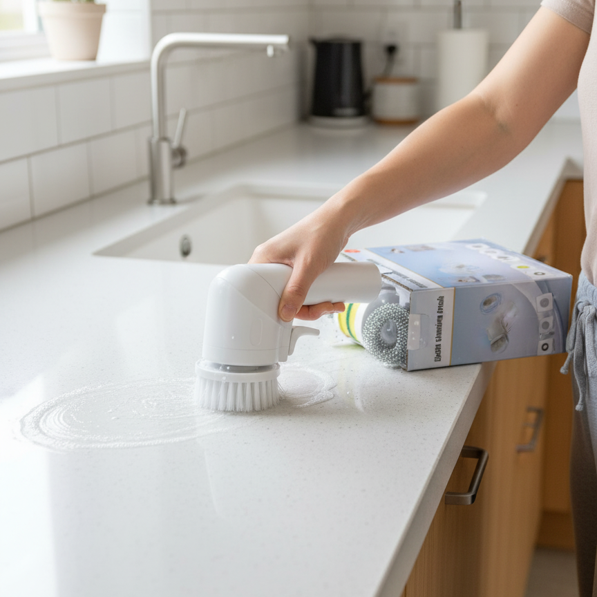 360° Rotating Scrubber With Sponge, Brush, And Steel Wool Heads