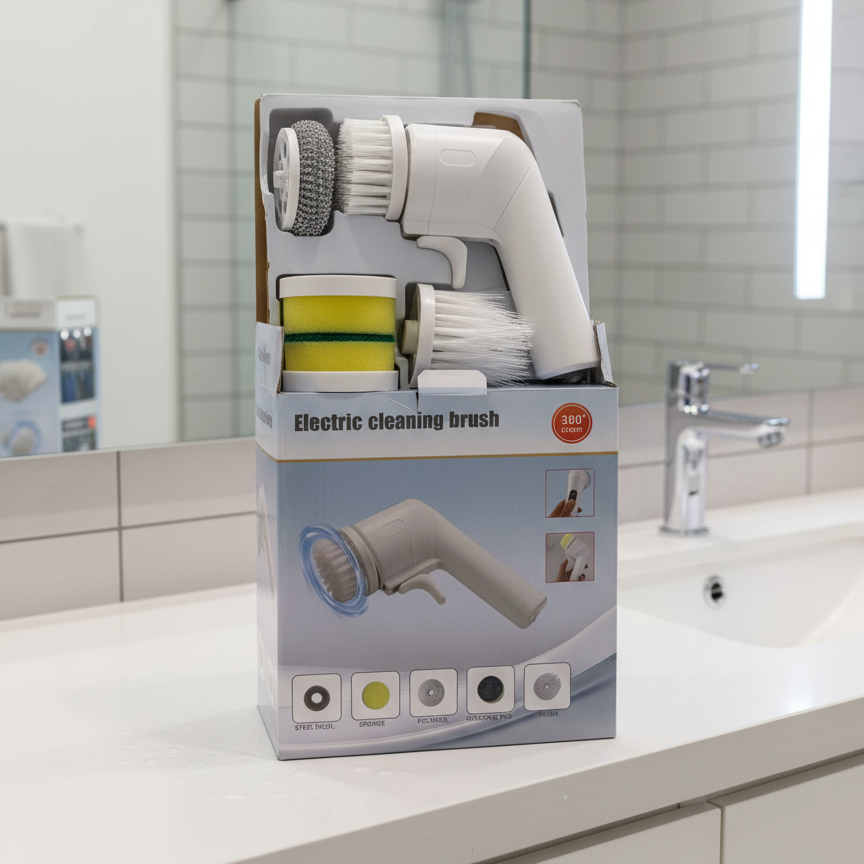 360° Rotating Scrubber With Sponge, Brush, And Steel Wool Heads