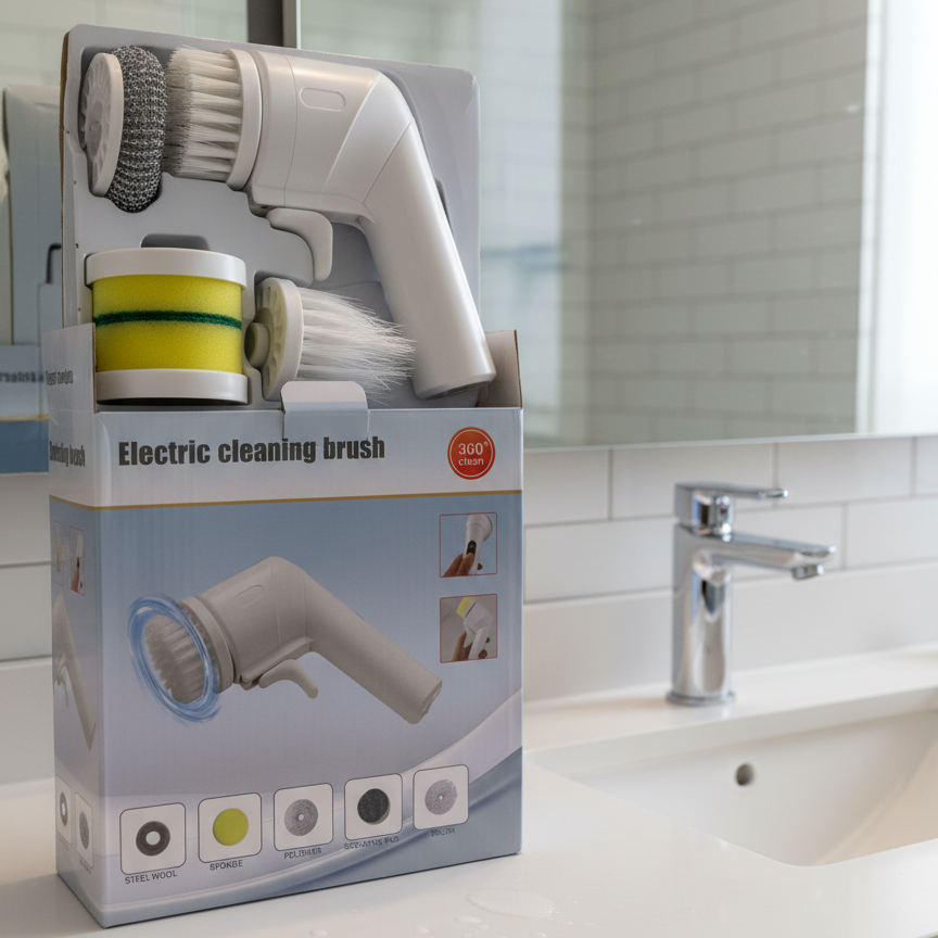 360° Rotating Scrubber With Sponge, Brush, And Steel Wool Heads