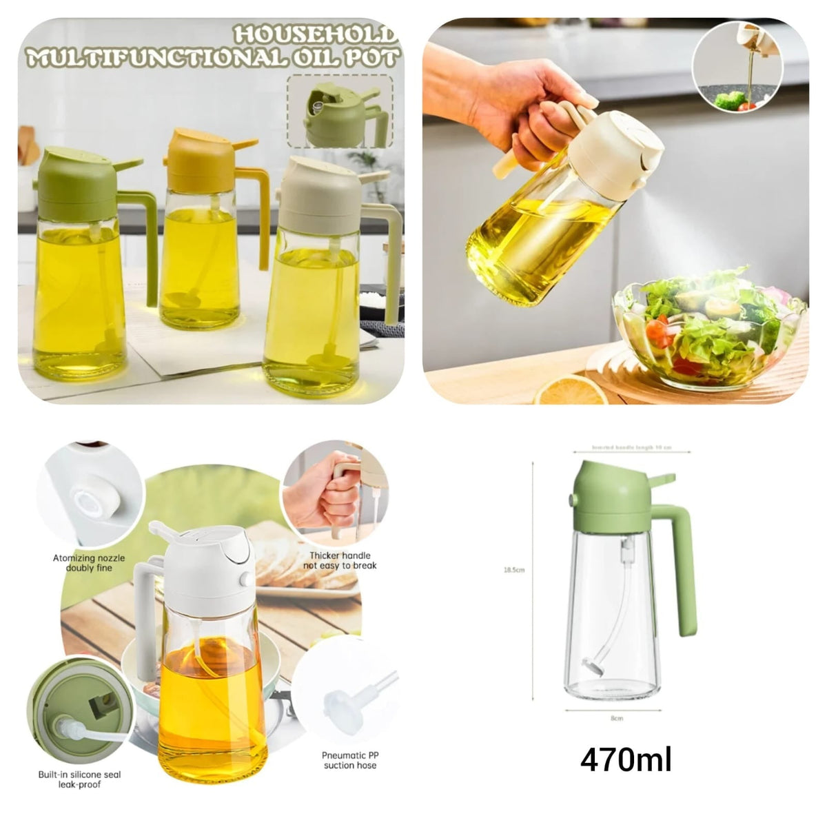 2-in-1 Oil Spray Bottle | Adjustable Mist & Dispenser | 470ml Leak-Proof Glass Containe