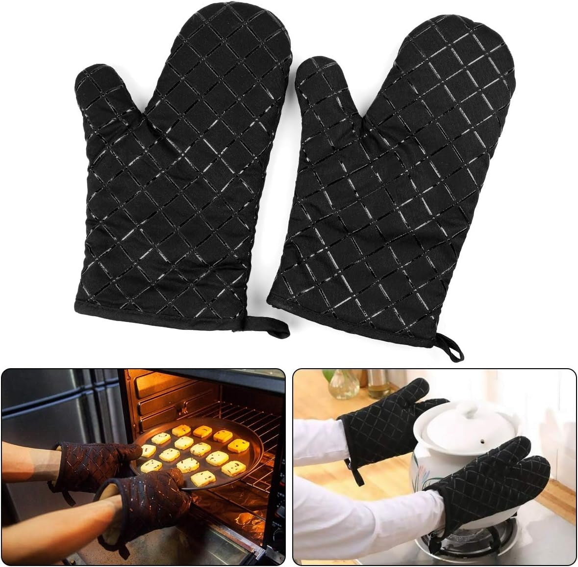 Premium Heat Resistant Oven Mitts 2Pcs Extra Long Kitchen Gloves For Baking Cooking BBQ And Grilling Durable Cotton