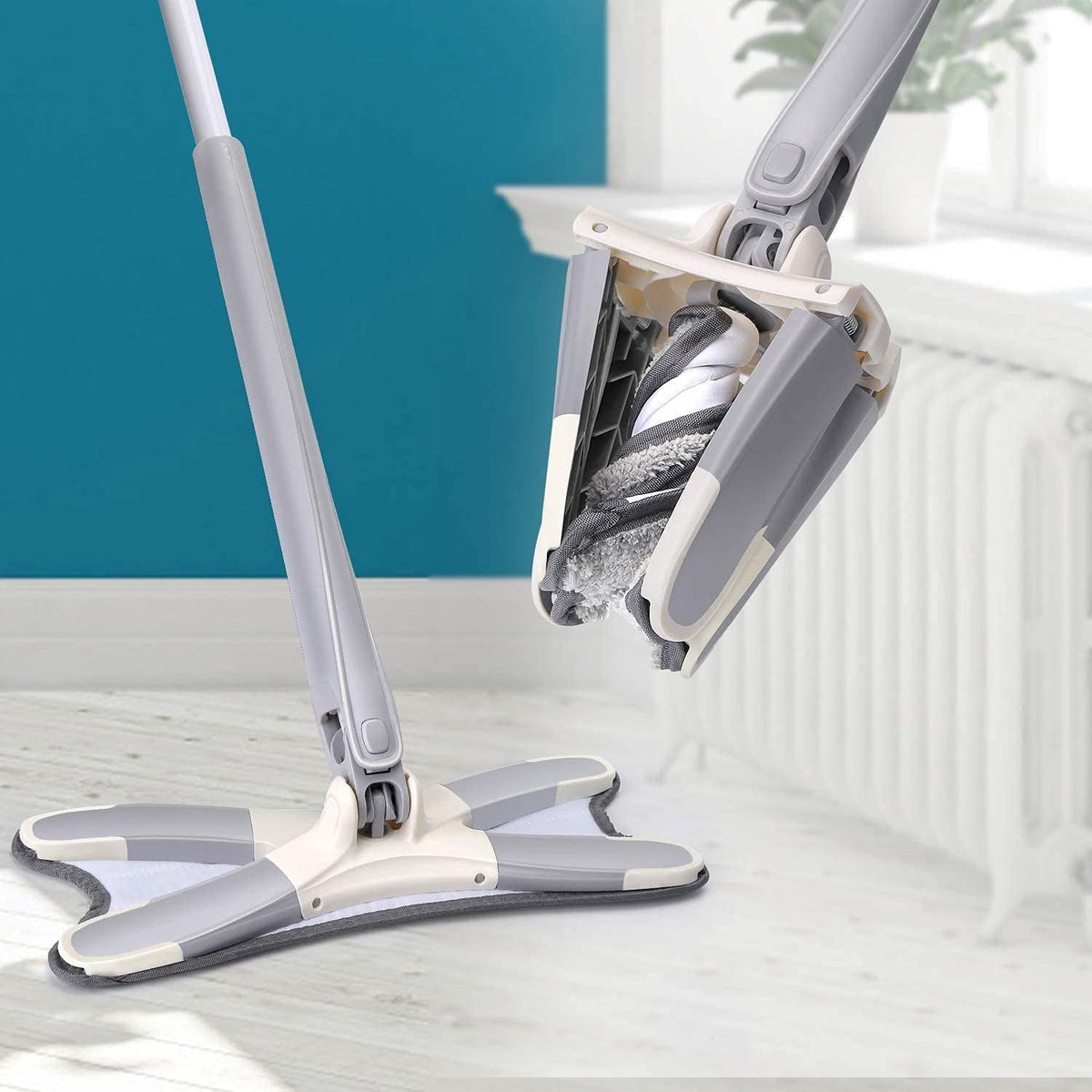 Rotating X Mop Flat Microfiber Floor Mop with 360° Squeeze System and Replaceable Cloth Heads