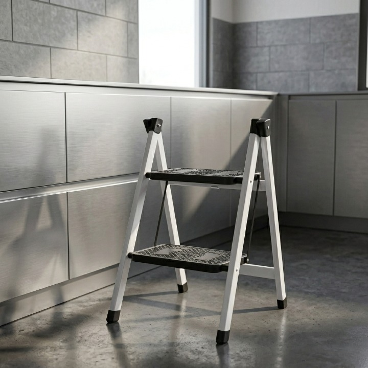 2-Step Folding Metal Stool Ladder | Compact Safety Step Ladder With Anti-Slip Treads | Frame Metal & Step Plastic