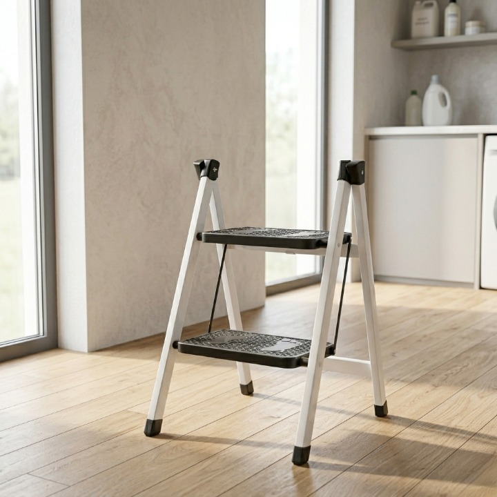 2-Step Folding Metal Stool Ladder | Compact Safety Step Ladder With Anti-Slip Treads | Frame Metal & Step Plastic