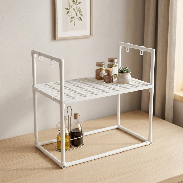 Microwave Oven Storage Rack 2-Tier Kitchen Organizer | Space-Saving Carbon Steel Shelf For Countertop And Utensils