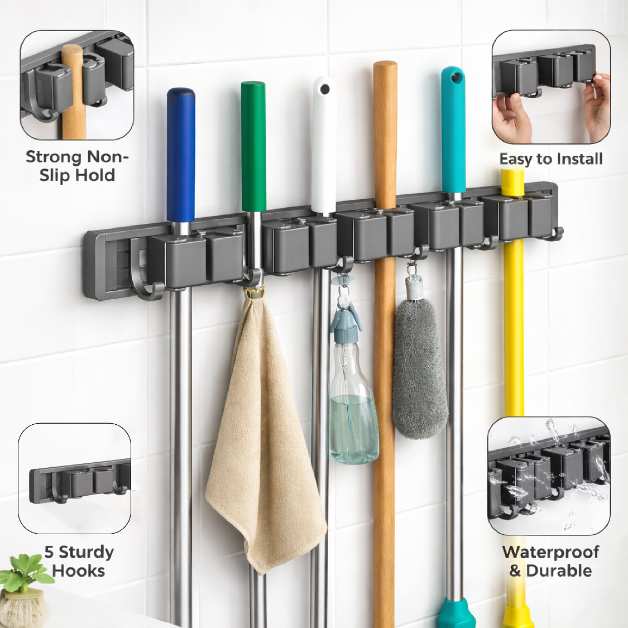 Royal Aluminium Mop & Broom Holder 3 Slots 4 Hooks
